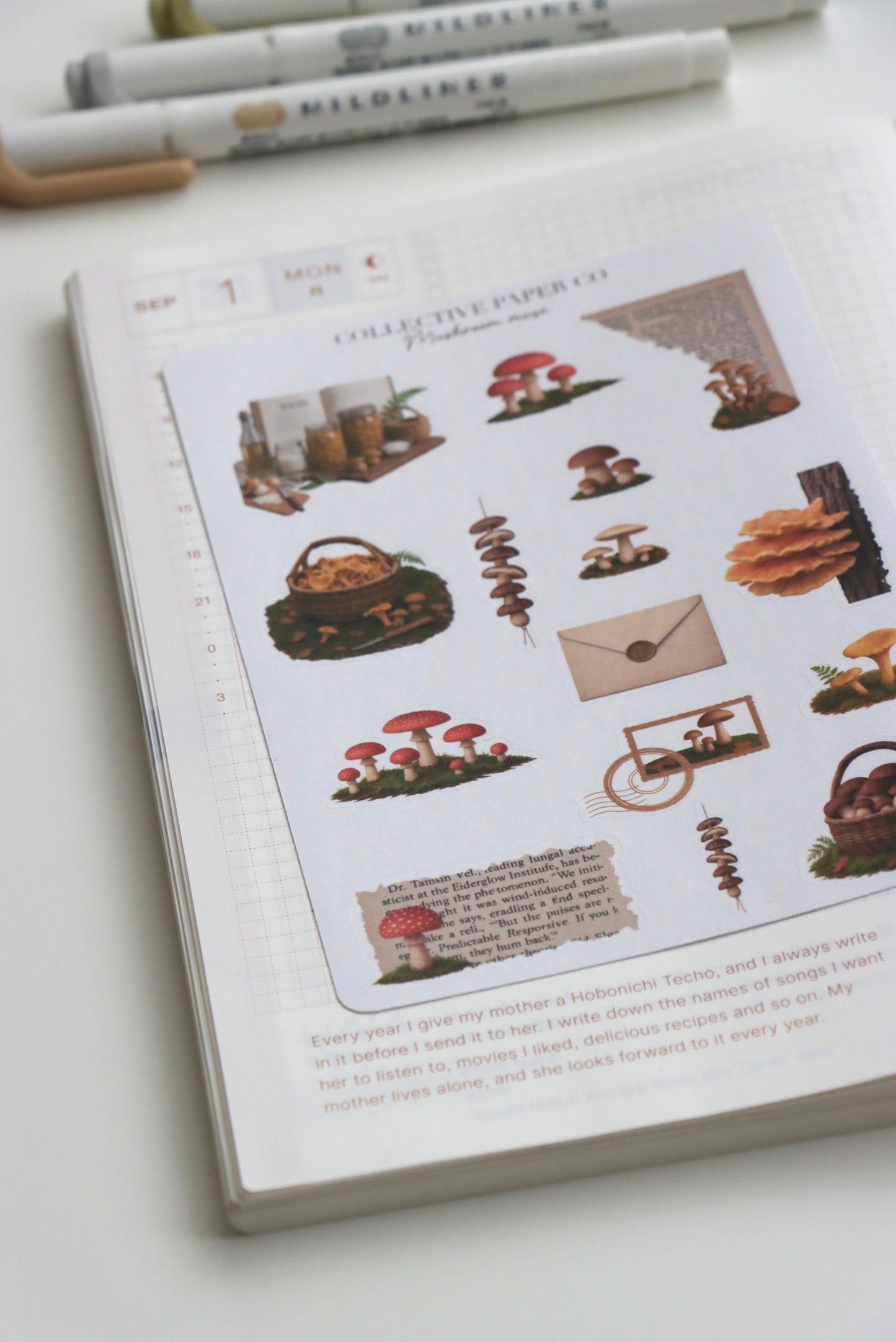 Decorative journaling sheet of kiss-cut vintage and realistic seasonal stickers of Mushroom muse on Japanese washi paper