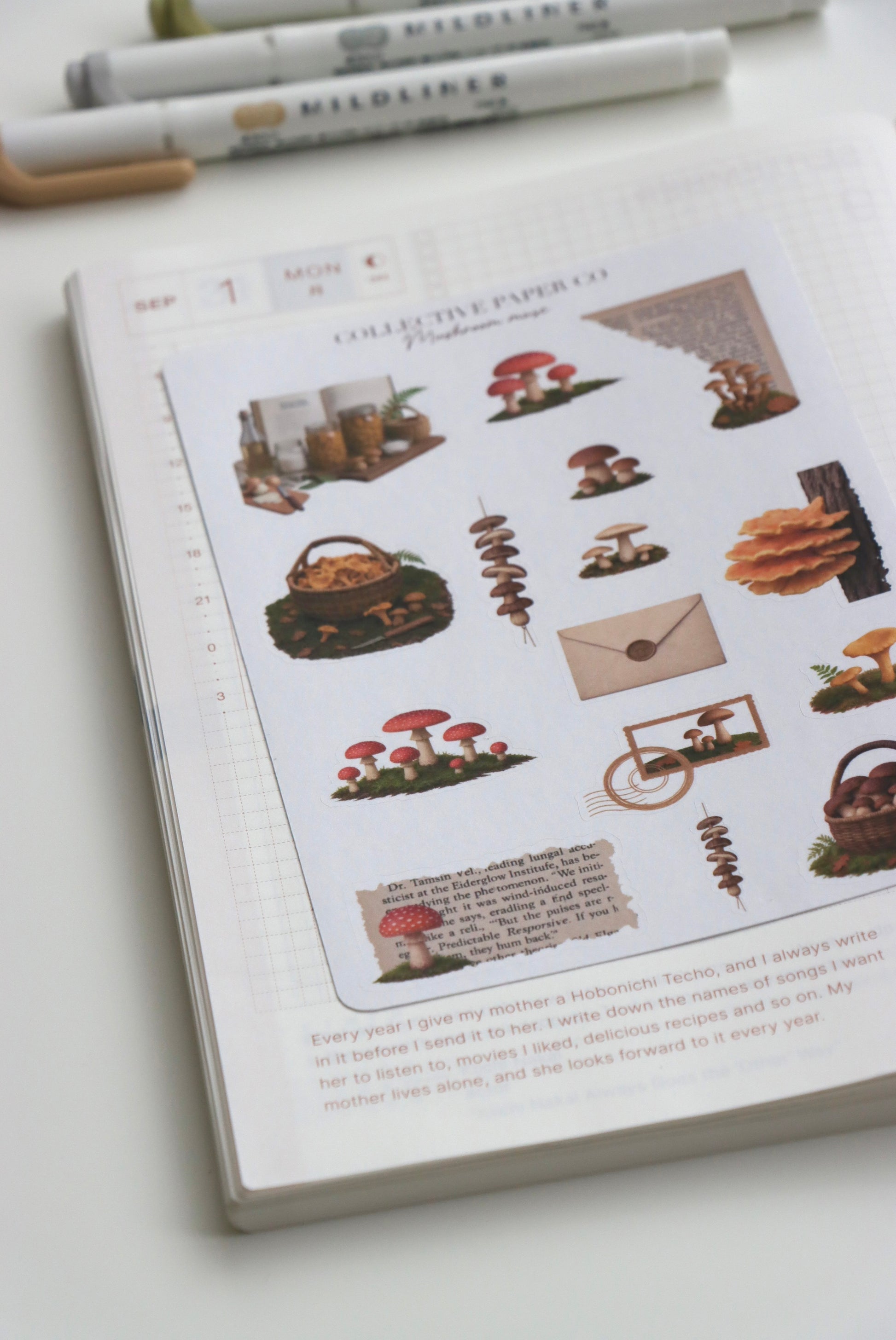 Decorative journaling sheet of kiss-cut vintage and realistic seasonal stickers of Mushroom muse on Japanese washi paper