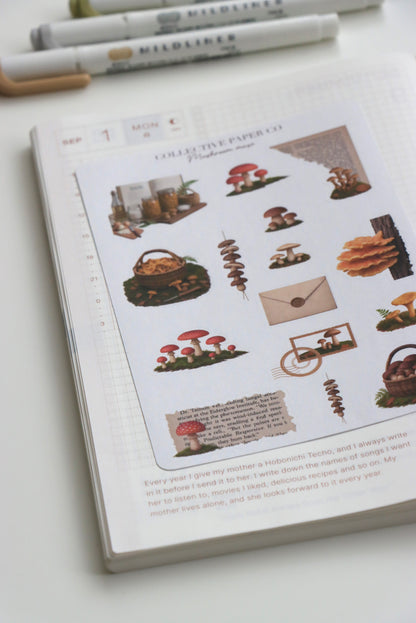 Decorative journaling sheet of kiss-cut vintage and realistic seasonal stickers of Mushroom muse on Japanese washi paper