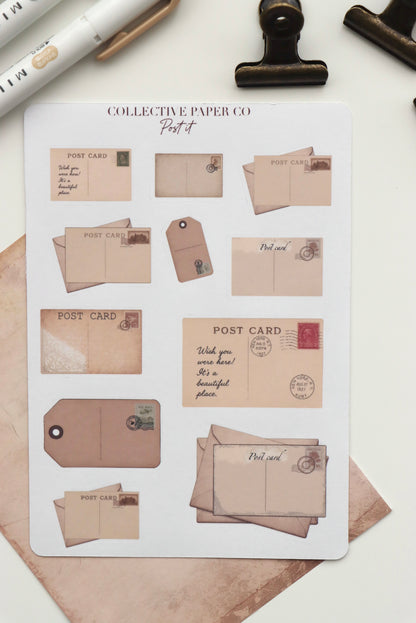 Decorative journaling sheet of kiss-cut vintage and realistic stickers of Post it on post cards, labels and letter envelopes on Japanese washi paper