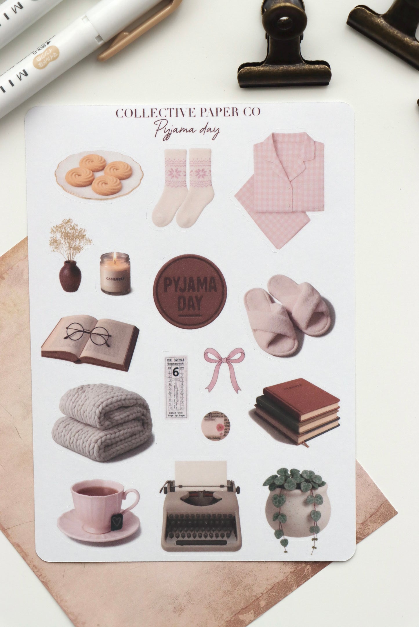 Decorative journaling sheet of kiss-cut vintage and realistic stickers of pyjama pajama day on Japanese washi paper
