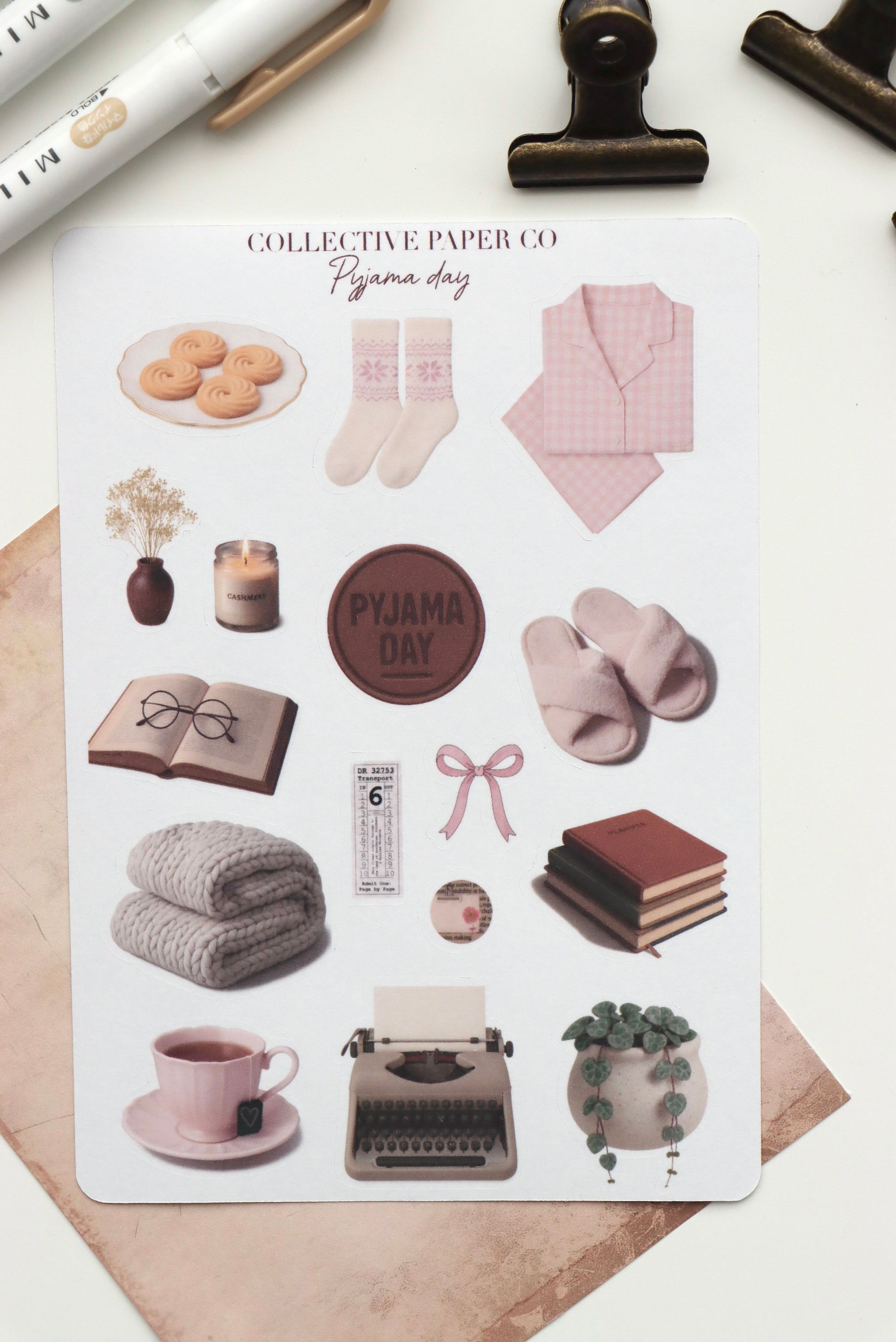 Decorative journaling sheet of kiss-cut vintage and realistic stickers of pyjama pajama day on Japanese washi paper