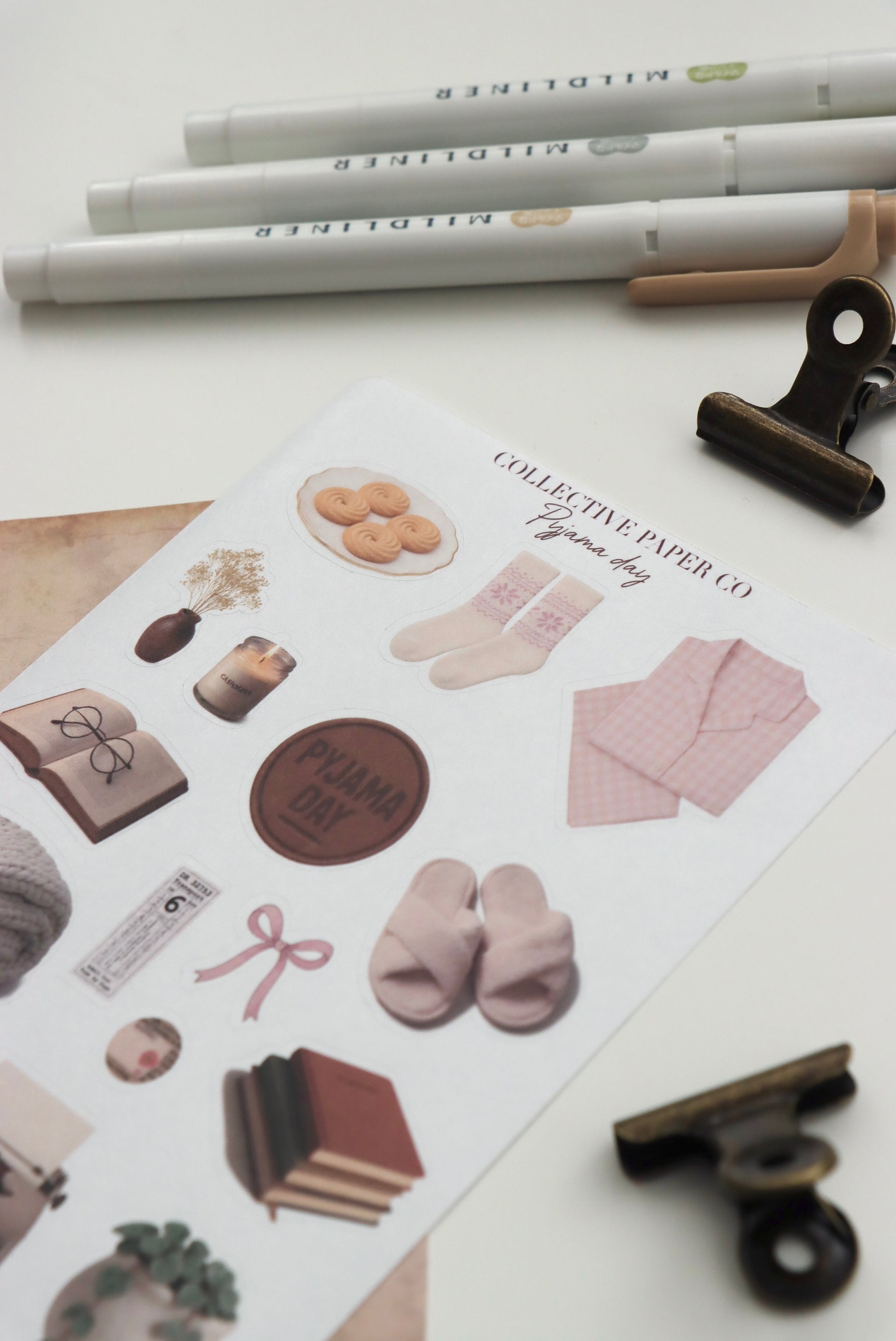 Decorative journaling sheet of kiss-cut vintage and realistic stickers of pyjama pajama day on Japanese washi paper