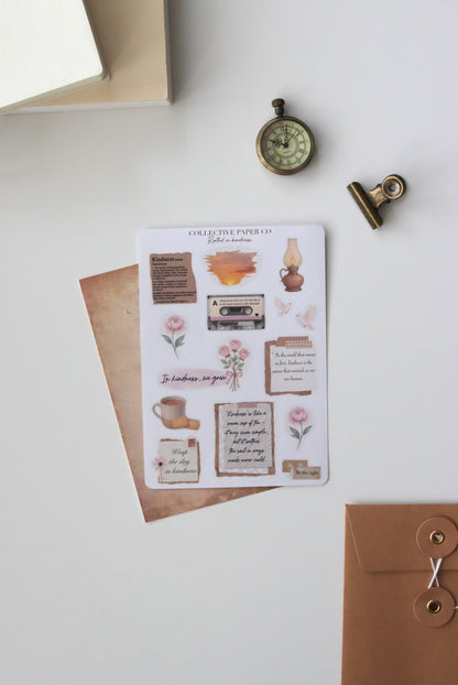 Decorative journaling sheet of kiss-cut kindness / motivational quotes and  decorative floral and doodle style elements stickers on Japanese washi paper