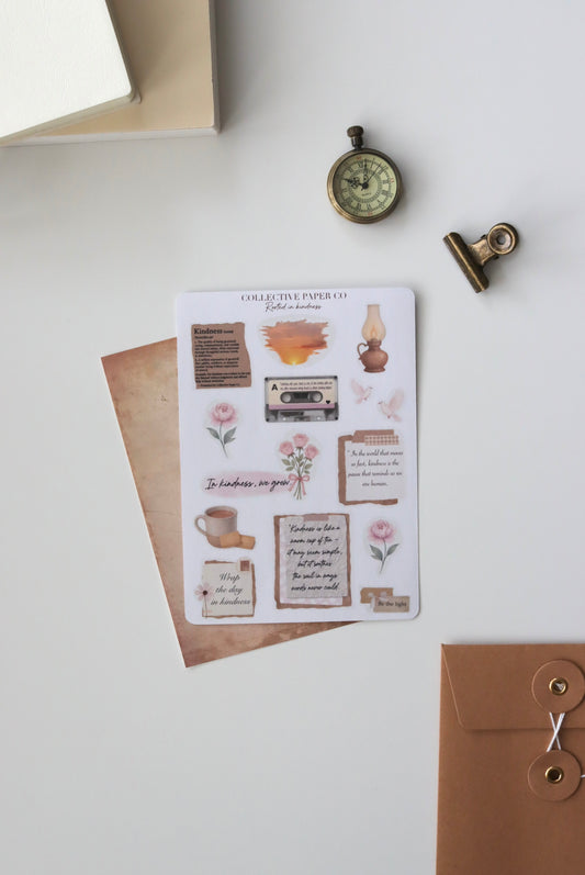 Decorative journaling sheet of kiss-cut kindness / motivational quotes and  decorative floral and doodle style elements stickers on Japanese washi paper