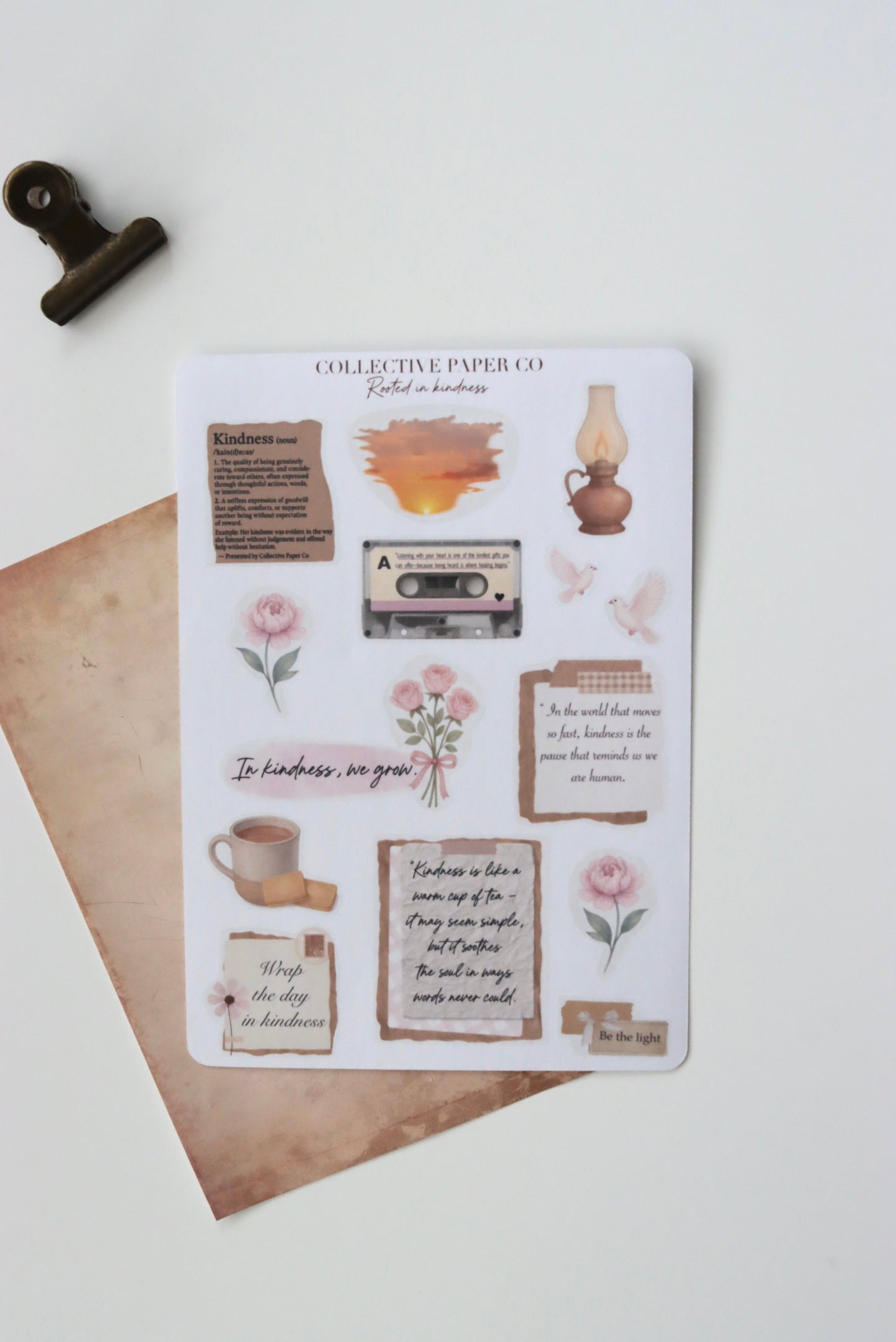 Decorative journaling sheet of kiss-cut kindness / motivational quotes and  decorative floral and doodle style elements stickers on Japanese washi paper