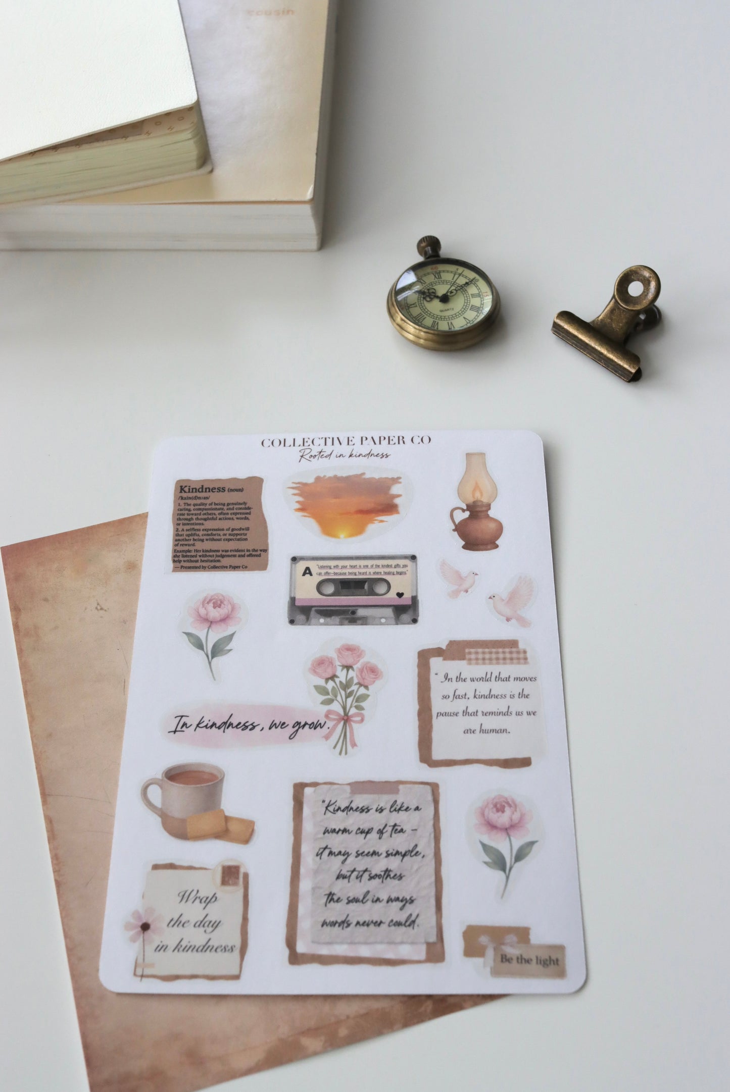 Decorative journaling sheet of kiss-cut kindness / motivational quotes and  decorative floral and doodle style elements stickers on Japanese washi paper