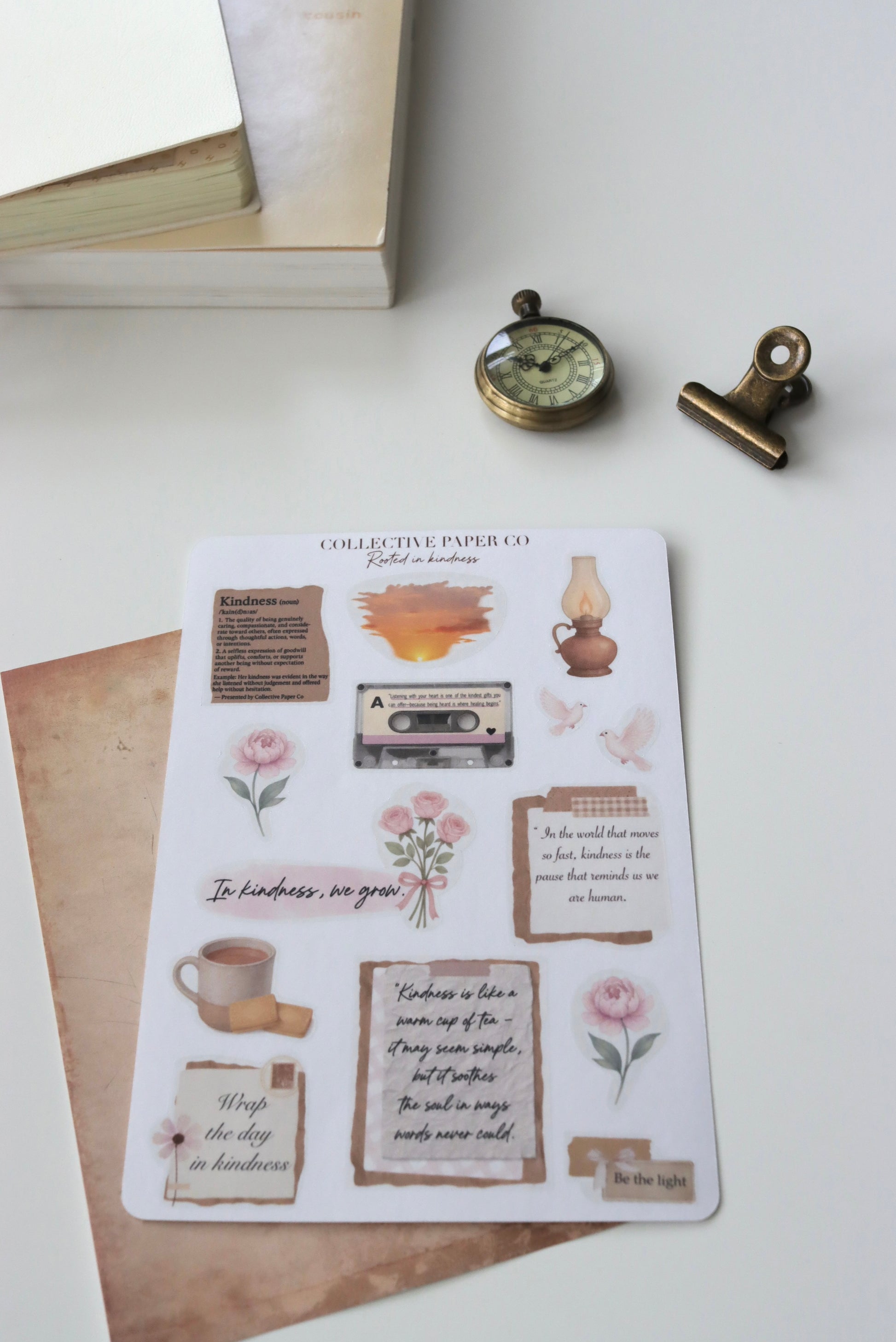 Decorative journaling sheet of kiss-cut kindness / motivational quotes and  decorative floral and doodle style elements stickers on Japanese washi paper