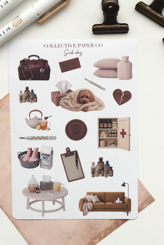 Decorative journaling sheet of kiss-cut vintage and realistic stickers of Sick day on Japanese washi paper