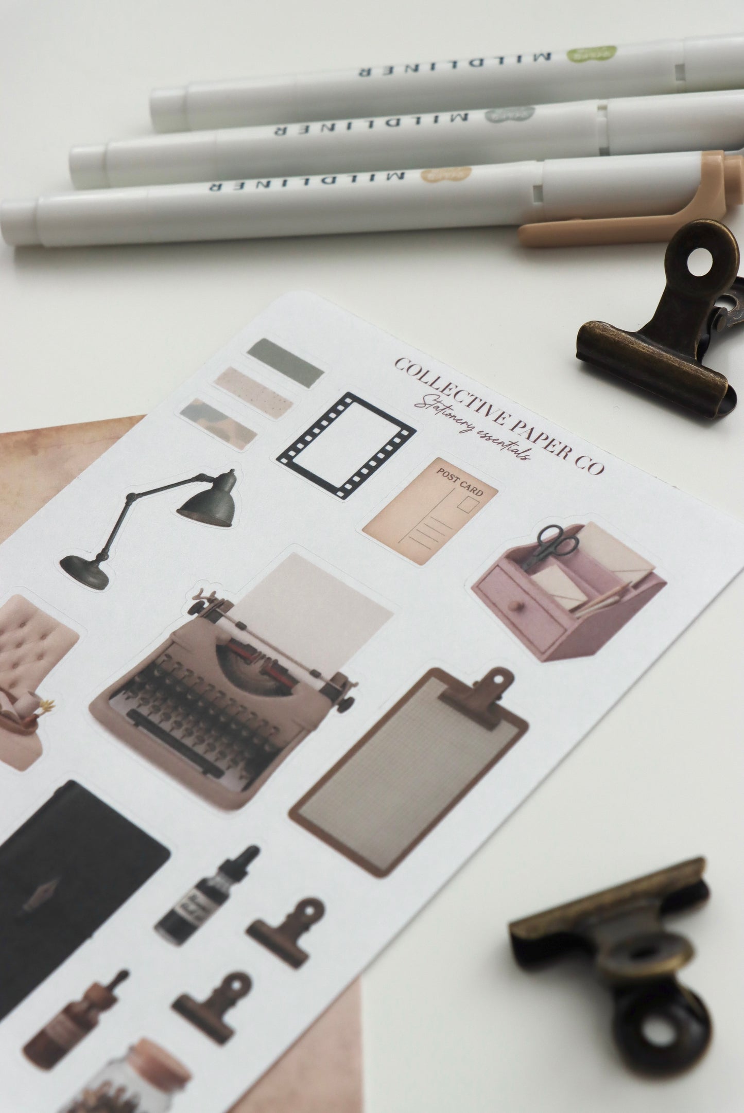 Decorative journaling sheet of kiss-cut vintage and realistic stickers of Stationery essentials on Japanese washi paper