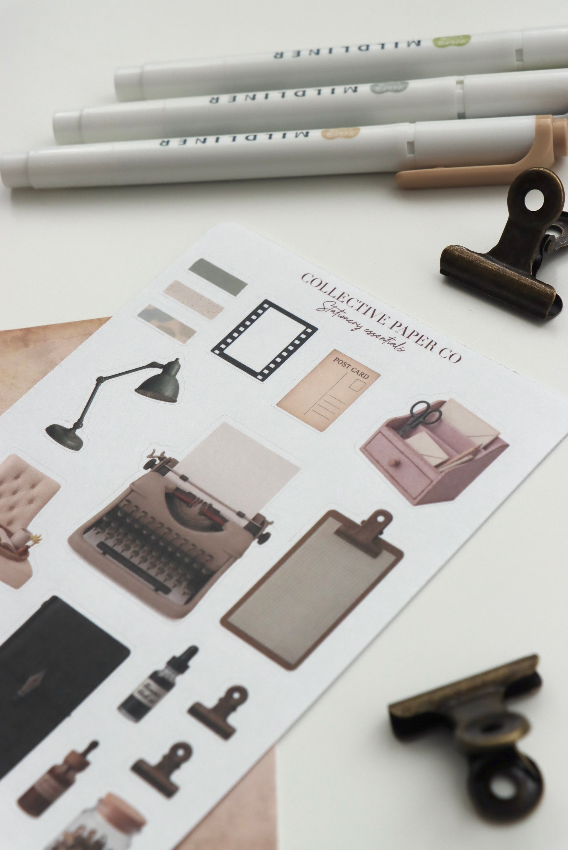 Decorative journaling sheet of kiss-cut vintage and realistic stickers of Stationery essentials on Japanese washi paper