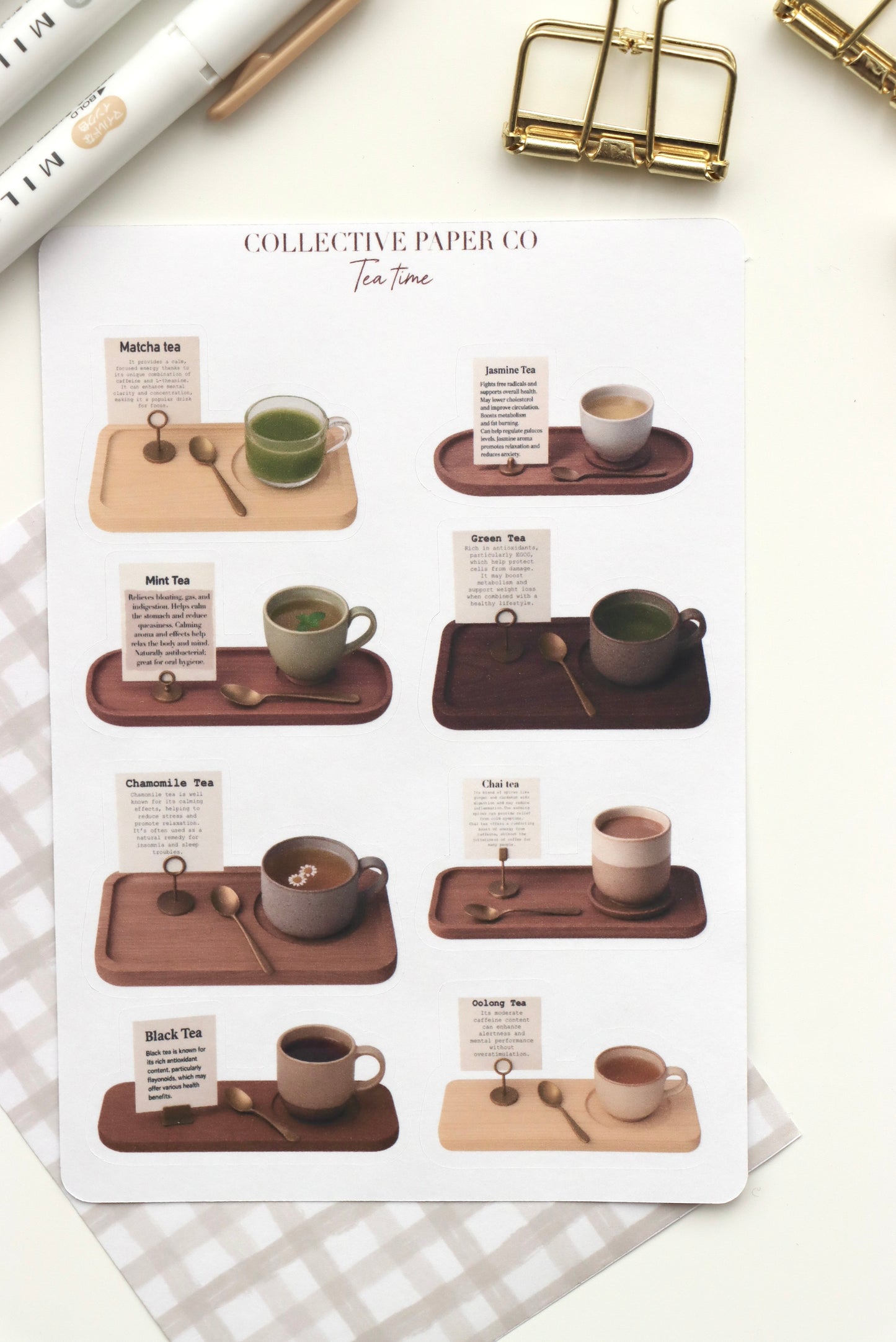Decorative journaling sheet of kiss-cut vintage and realistic stickers of a selection of tea on Japanese washi paper