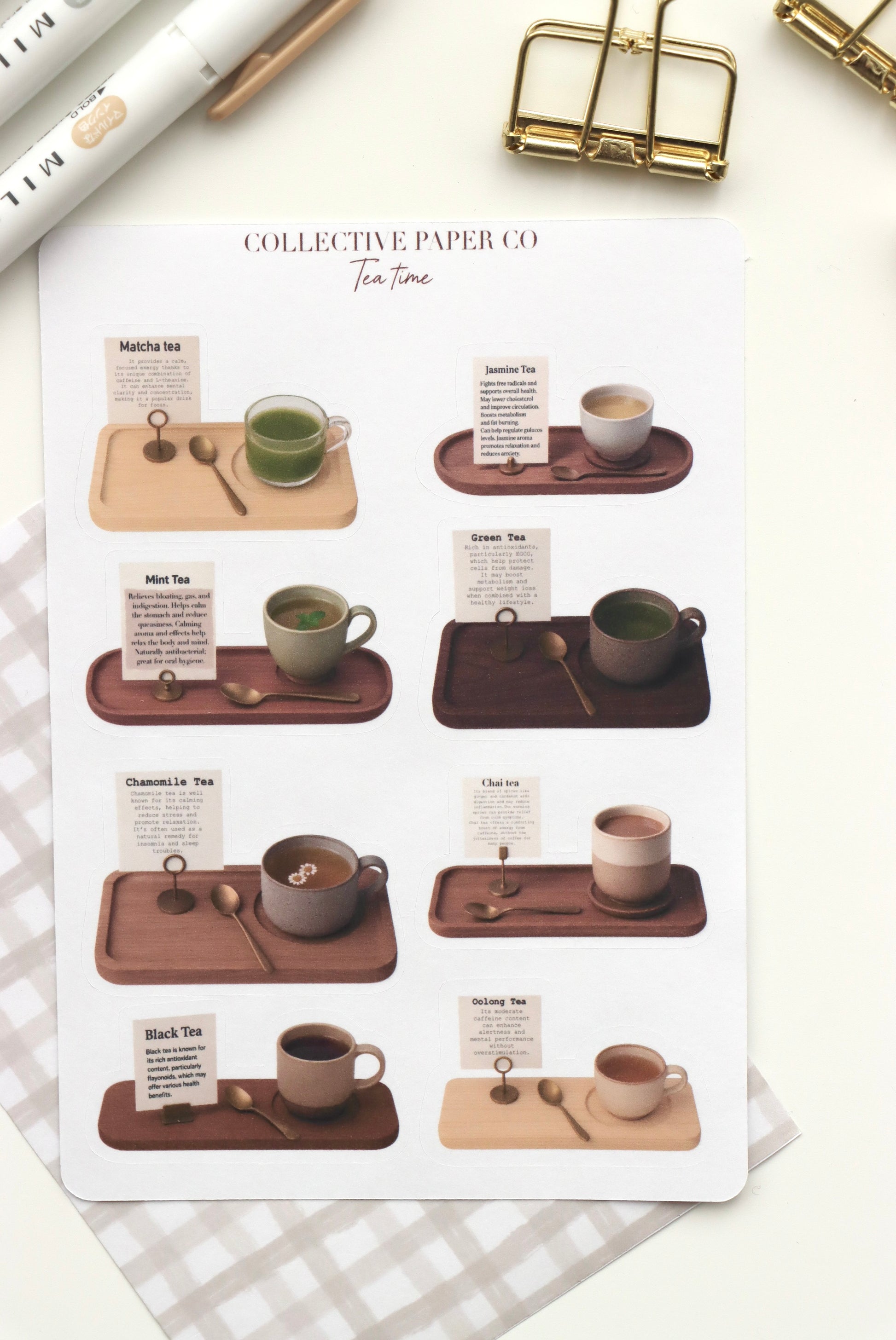 Decorative journaling sheet of kiss-cut vintage and realistic stickers of a selection of tea on Japanese washi paper