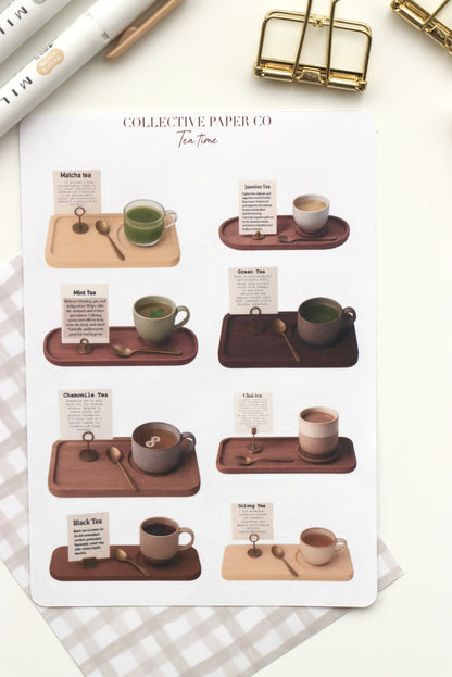 Decorative journaling sheet of kiss-cut vintage and realistic stickers of a selection of tea on Japanese washi paper