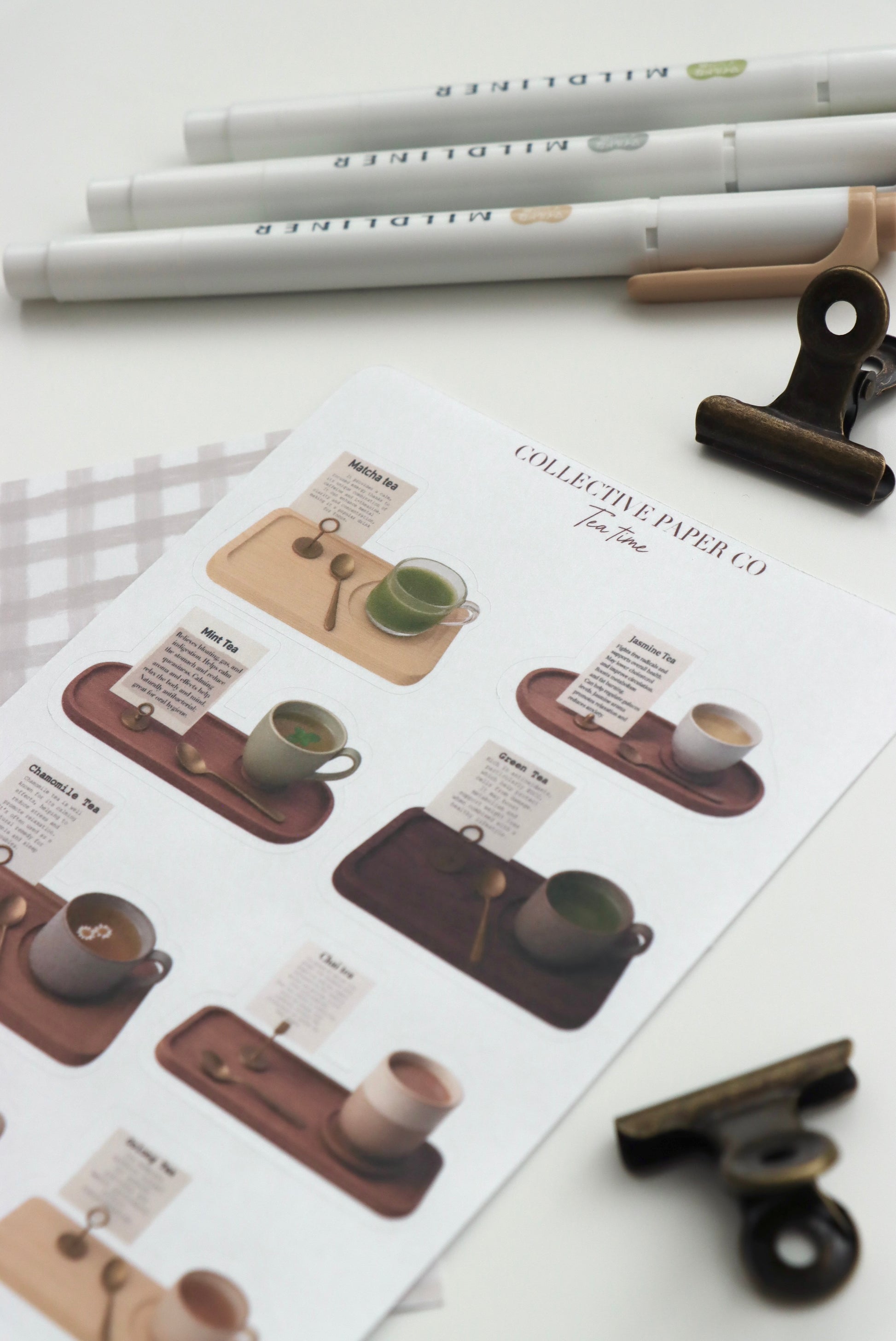 Decorative journaling sheet of kiss-cut vintage and realistic stickers of a selection of tea on Japanese washi paper 