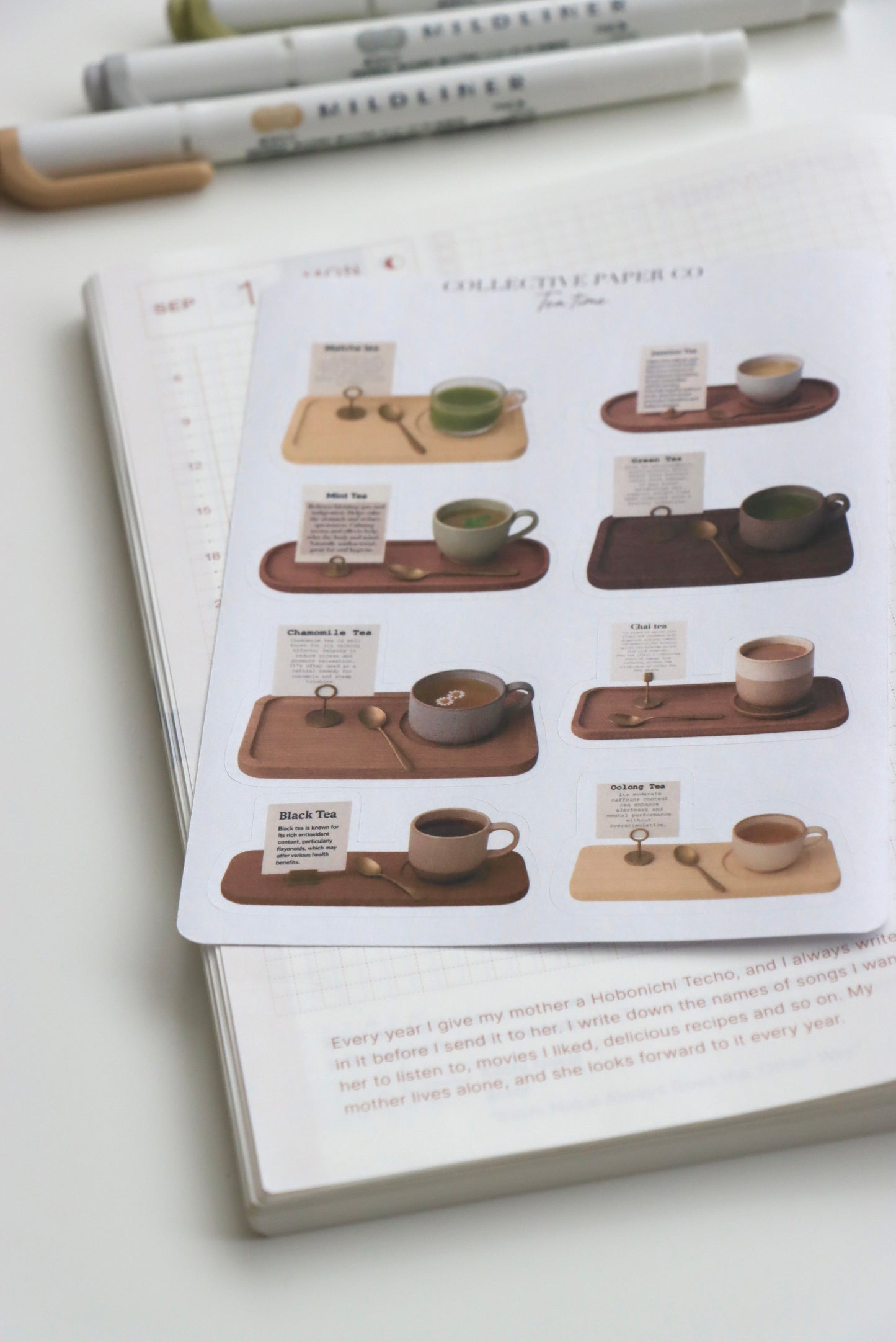 Decorative journaling sheet of kiss-cut vintage and realistic stickers of a selection of tea on Japanese washi paper 