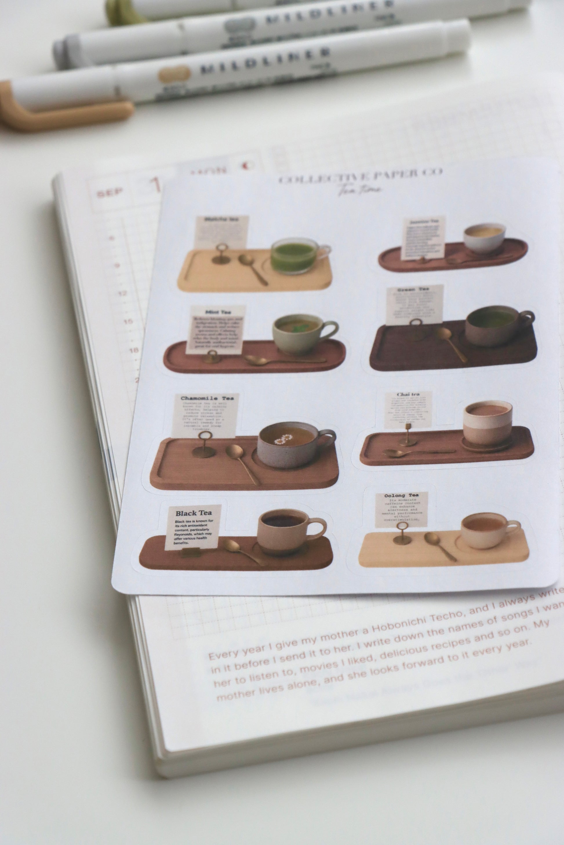 Decorative journaling sheet of kiss-cut vintage and realistic stickers of a selection of tea on Japanese washi paper 