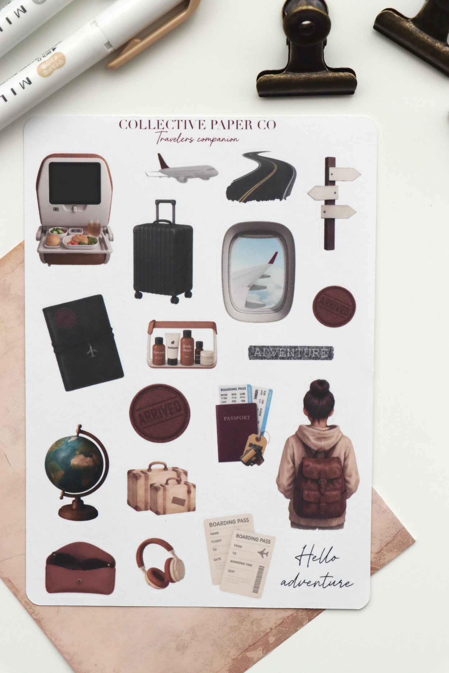 Decorative journaling sheet of kiss-cut vintage and realistic stickers of Traveler's companion on Japanese washi paper