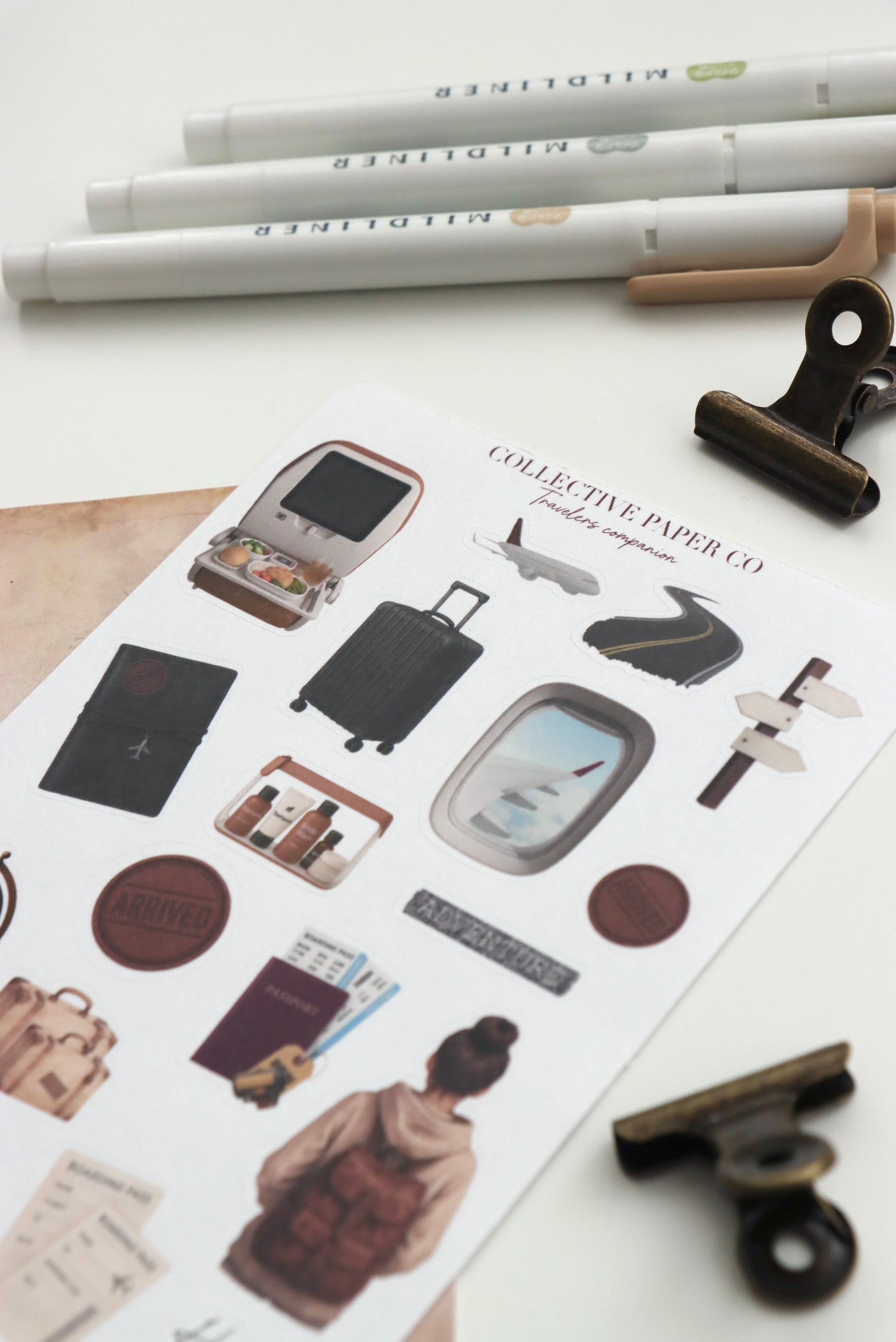 Decorative journaling sheet of kiss-cut vintage and realistic stickers of Traveler's companion on Japanese washi paper