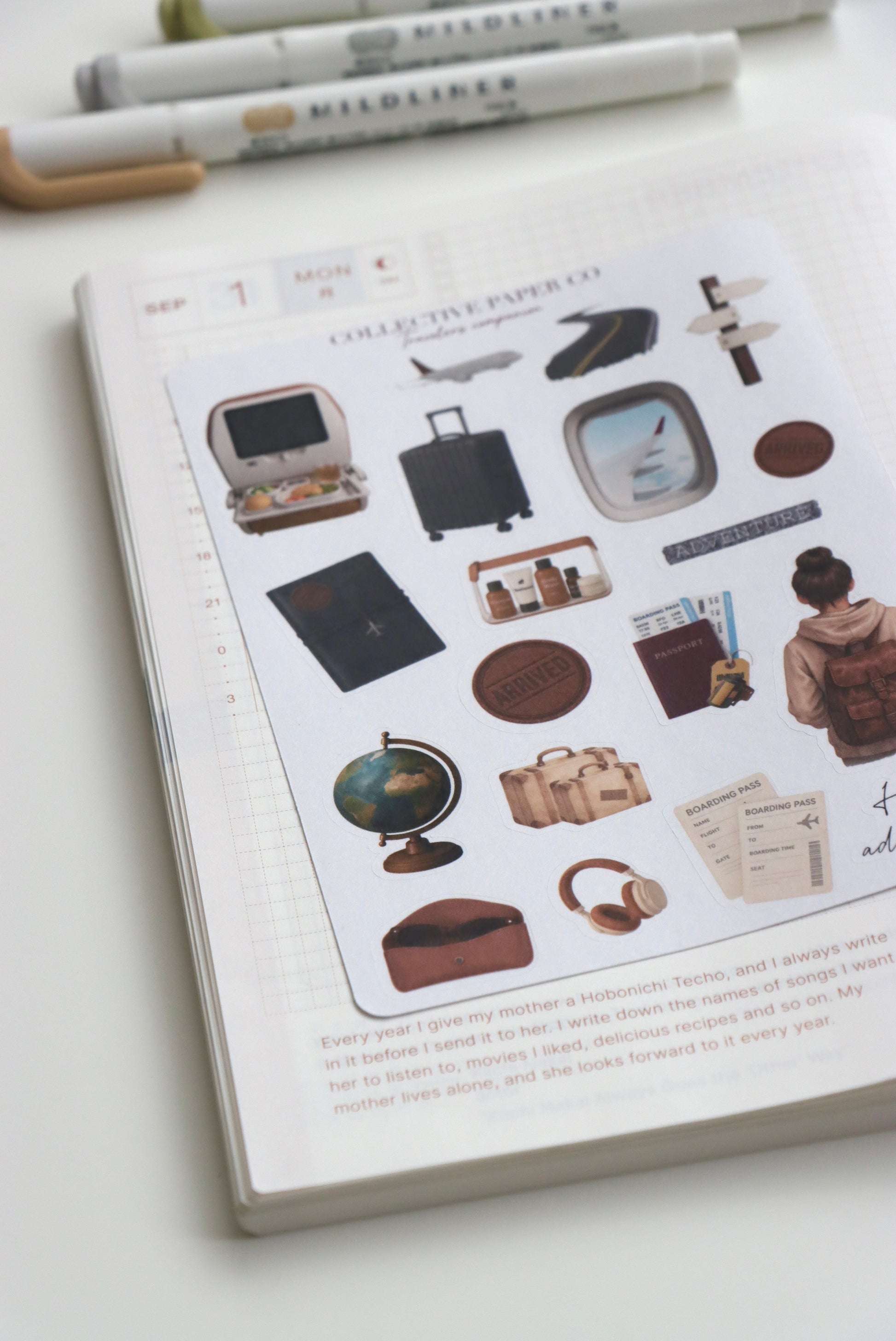 Decorative journaling sheet of kiss-cut vintage and realistic stickers of Traveler's companion on Japanese washi paper