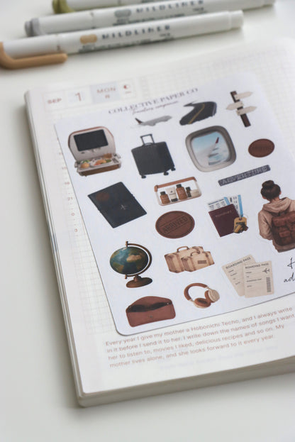 Decorative journaling sheet of kiss-cut vintage and realistic stickers of Traveler's companion on Japanese washi paper