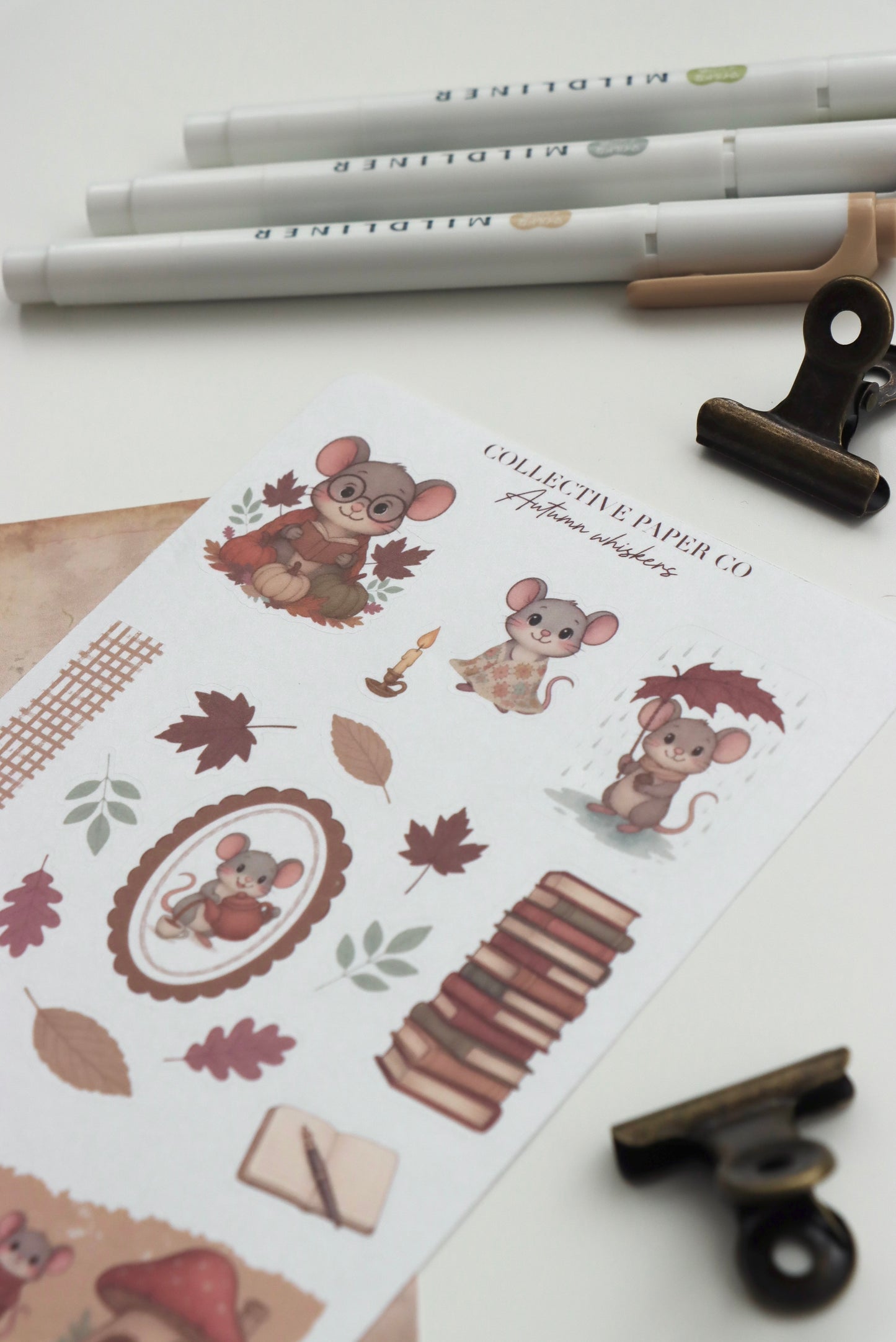 Decorative journaling sheet of kiss-cut seasonal stickers of Autumn Fall Whiskers on Japanese washi paper
