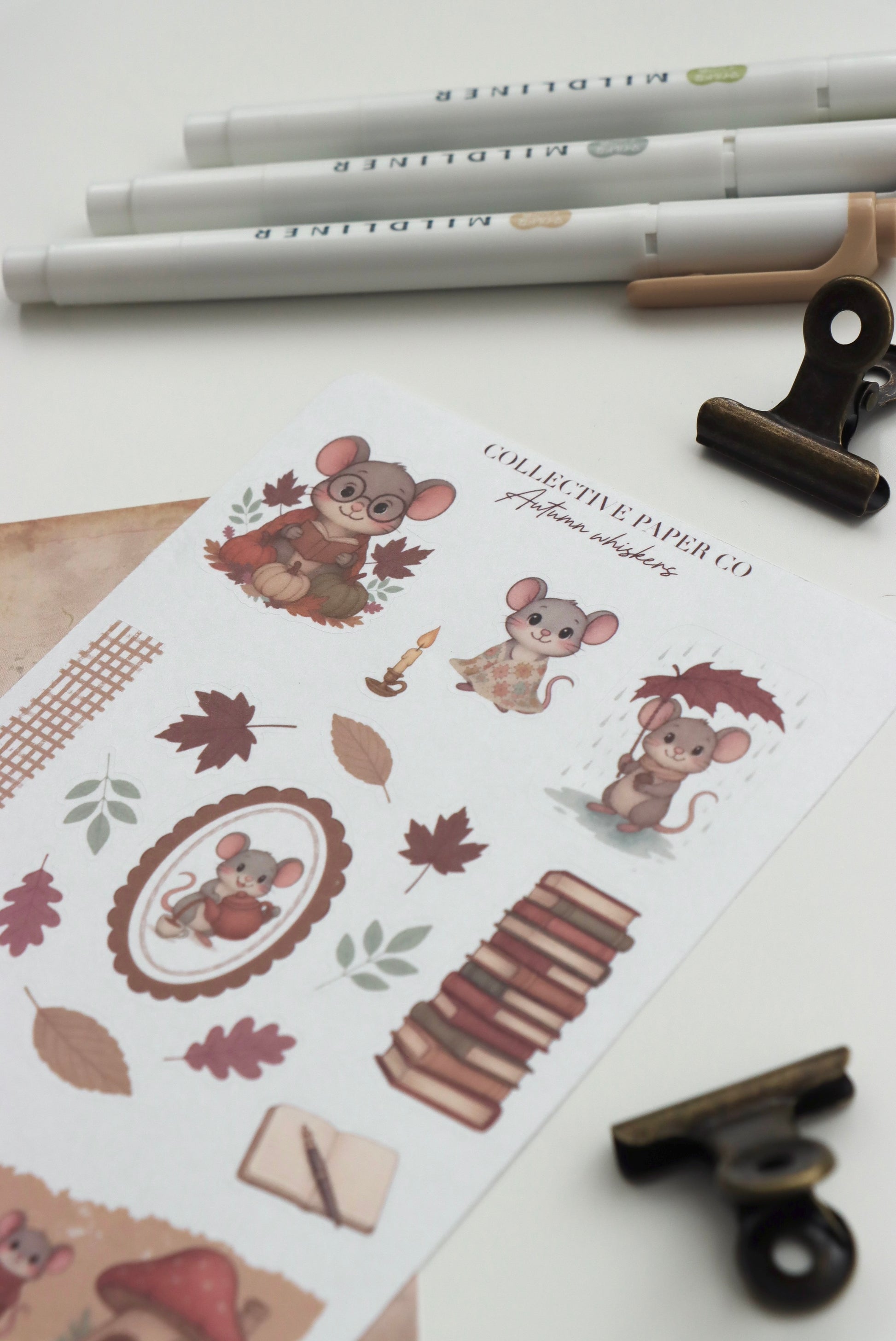 Decorative journaling sheet of kiss-cut seasonal stickers of Autumn Fall Whiskers on Japanese washi paper
