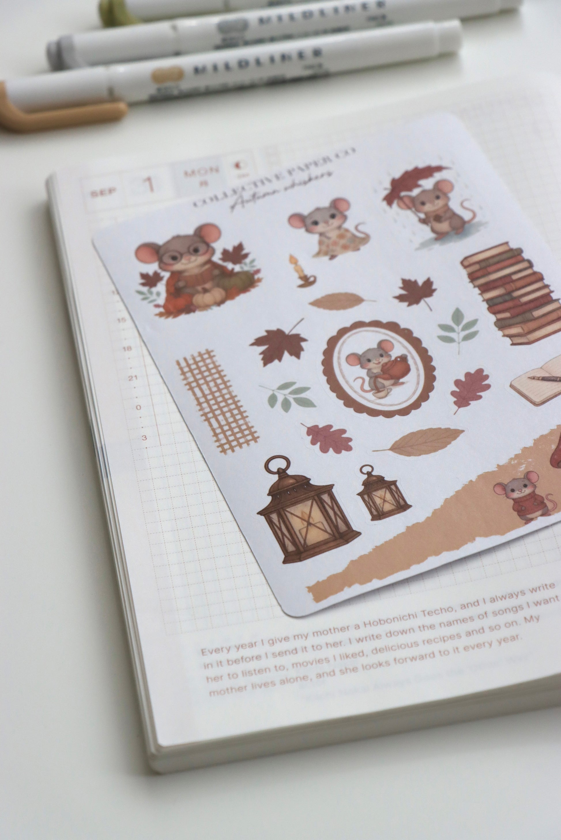 Decorative journaling sheet of kiss-cut seasonal stickers of Autumn Fall Whiskers on Japanese washi paper