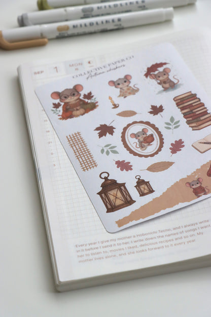 Decorative journaling sheet of kiss-cut seasonal stickers of Autumn Fall Whiskers on Japanese washi paper