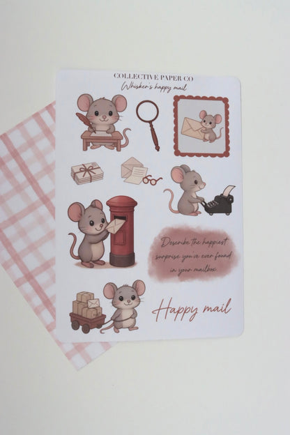 Decorative journaling sheet of kiss-cut  happy mail illustrations of journaling-planner stickers on Japanese washi paper